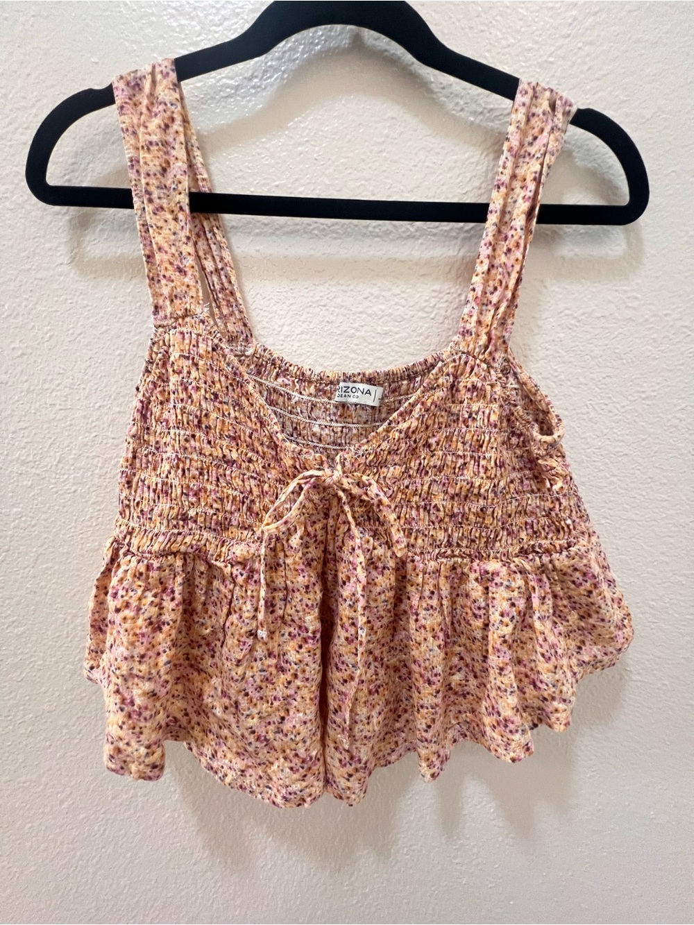 Arizona Jeans Floral Smocked Peach Tank Top, cropped